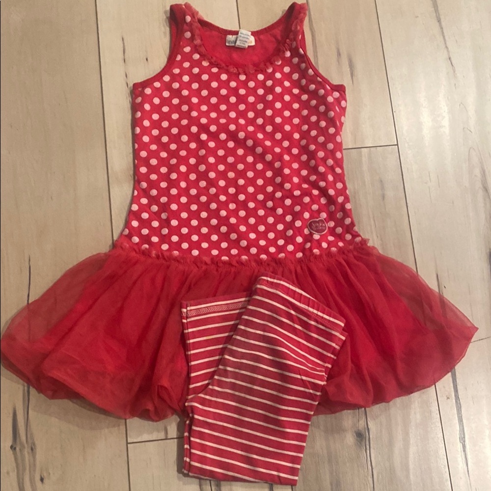 Bright Red Polka Dot Dance Costume with Tutu and Striped Leggings - Picture 1 of 4